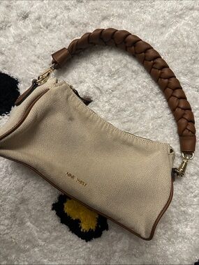 NINE WEST Beige Canvas Shoulder Bag with Braided Tan Handle